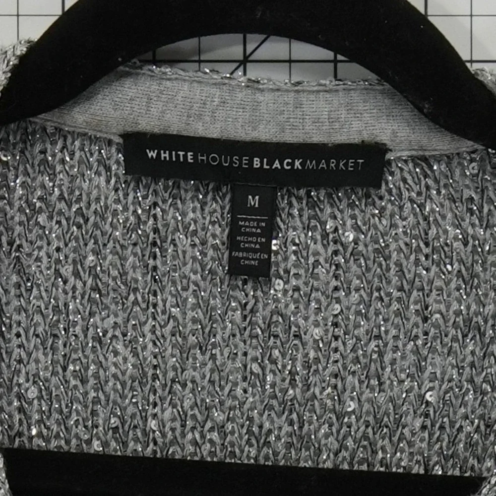 White House Black Market Cardigan Sweater Womens Size Medium Silver Sparkle Bell